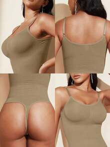 1pc Women Seamless Shaping Bodysuit With Thong Bottom, Slimming Bodyshaper Tummy Control Flat Belly Sheath Jumpsuit Shapewear Waist Trainer Shaper - 卡其色 - 查看 6
