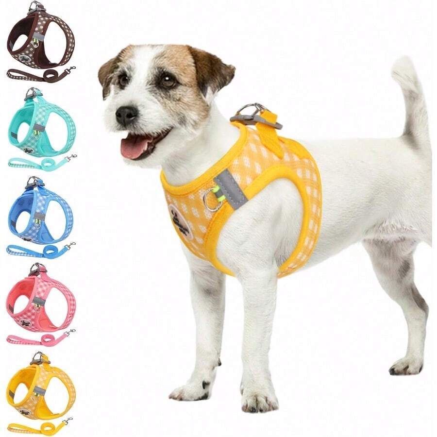Dog Harness And Leash SetSoft Mesh Breathable Small Dog Harness Reflective Adjustable Puppy Harness No Pull Pet Harness For Small Dogs And Cats - 中+黃色 - 查看 1