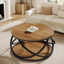 Tribesigns 31.5" Round Coffee Table With Storage Shelves, 2-Tier Circle Center Table With Sturdy Metal Frame, Rustic Accent Cocktail Table For Living Room, Small Space, Brown - Brown & Black - View 3