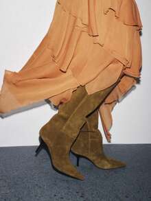 Fall/Winter Pointed Toe Fashion Versatile Suede Leather Thigh High Boots,Party - Khaki - View 3