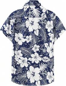 Hawaiian Shirt For Men Short Sleeve Floral Printed Casual Button Down Summer Beach Dress Shirts-20256688 - Navy09 - View 6