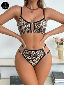 1 Set Women's Fashion Leopard Print Adjustable Strap Bra Set - Black - View 1