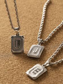 1件男士不锈钢镀金项链，配方形字母吊坠，A-Z字母饰品