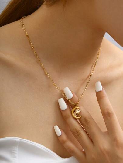 TONSI 1件优雅时尚简约不锈钢18K镀金钻石星月吊坠项链，奢华不褪色百搭颈链，适合女性节日、生日、工作、日常、派对、聚会等场合佩戴。