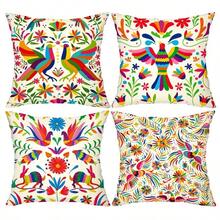 4PCS Mexican Floral Single-Side Print Throw Pillow Covers - 17.7*17.7 Inches, Colorful Abstract Floral Decorative Cushion Covers, Home Decoration, Suitable For Sofa, Bedroom, Office, Car, Farmhouse, Machine Washable With Zipper (Without Pillow Cores)