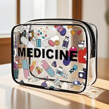 Medicine-Themed PVC Zippered Cosmetic Bag For Girl & Girls - Large Capacity Lightweight Travel Organizer, Easy Wipe-Clean Toiletry Bag With Fade-Resistant Design, Approved For Daily Use & Trips, Toiletry Travel Bag,Baby Storge - Multicolor - View 1