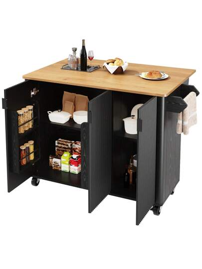 Kitchen Isl Wood Grain Dining Cart, Buffet, 130x45(75)X92cm, Rolling Trolley Towel Holder, Spice Rack, Adjustable Dividers, Doors, White/Black view 5