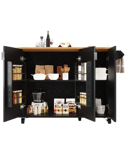 Kitchen Isl Wood Grain Dining Cart, Buffet, 130x45(75)X92cm, Rolling Trolley Towel Holder, Spice Rack, Adjustable Dividers, Doors, White/Black view 6