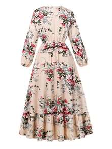 Đầm dài tay cổ tròn in họa tiết hoa cổ điển, eo chun, kiểu dáng thường ngày, thích hợp cho kỳ nghỉ xuân/thu, thanh lịch. - Màu be - Xem 2