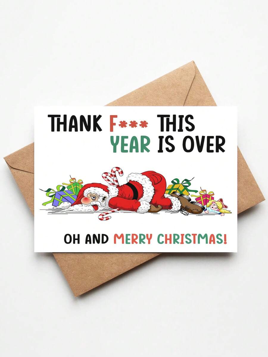 1 张搞笑粗鲁圣诞贺卡，上面写着咒骂圣诞老人，感谢今年已经结束，圣诞快乐贺卡，内附信封，空白，适合送给家人朋友、男士女士的圣诞礼物 - 彩色 - 查看 1