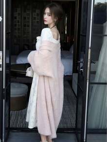 Suéter feminino elegante rosa felpudo, cardigans, roupas de Natal, moda outono inverno, pele sintética, casaco longo, estilo coreano, feminino, casual, solto, malha, agasalho