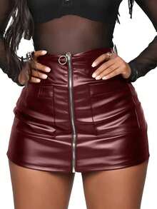 女式性感皮革拉链高腰迷你裙，适合办公室穿着和夜店穿着，春夏季 - 酒紅色 - 查看 2