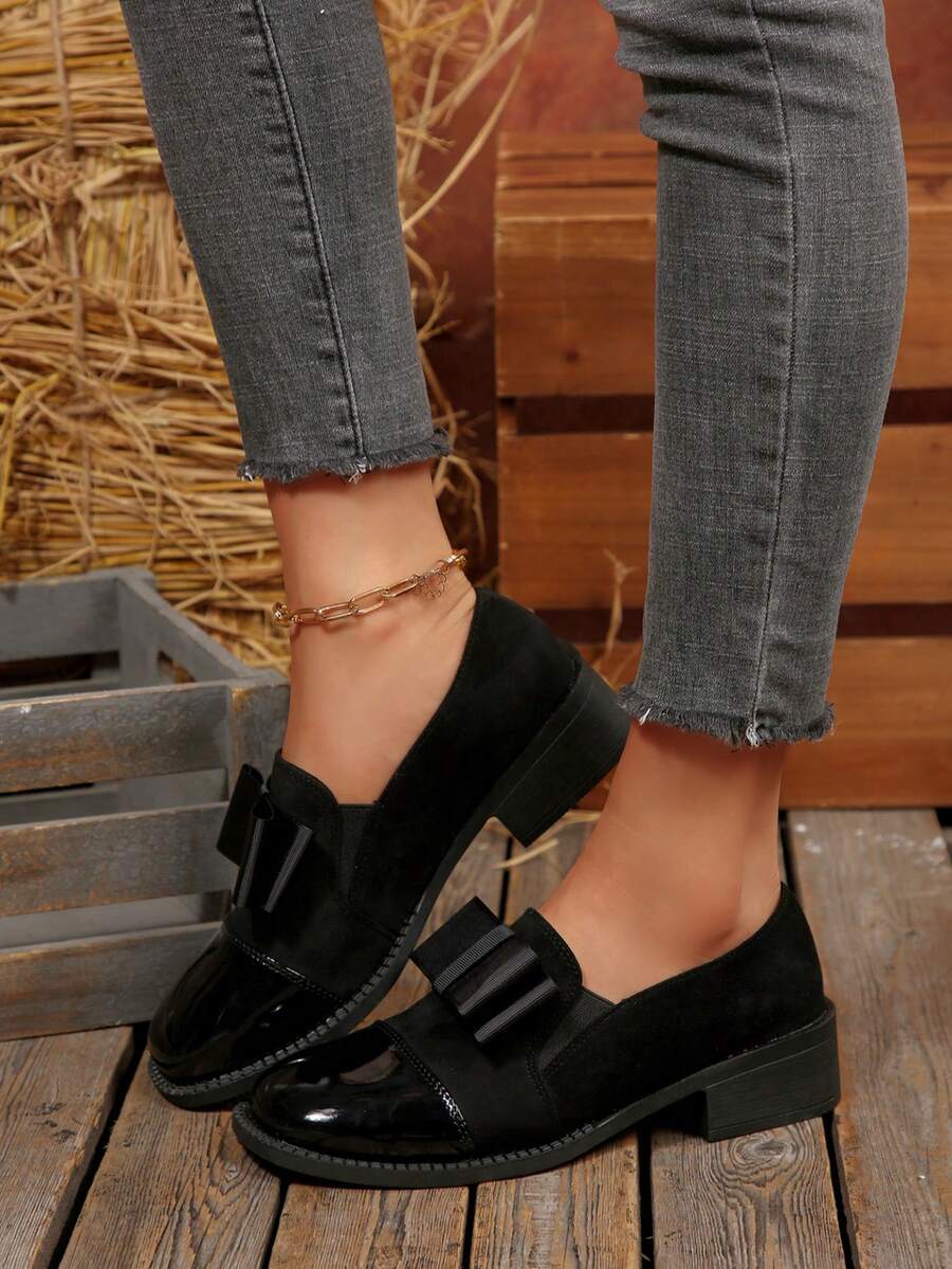 2025 New Vintage British Style Square Heel Slip-On Women's Flats, Elegant Versatile Pair With Dresses, Bowknot Round Toe Loafers, Comfortable For Long Wear