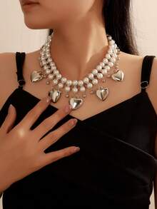 1pc Elegant Heart Pendant Pearl Necklace, Women's French Luxury Retro Chic Fashionable Choker Necklace For Evening Party, Vacation