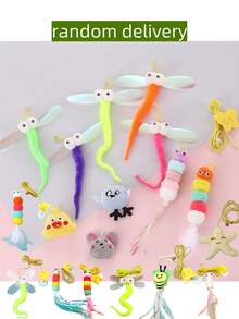 随机卡通图案猫玩具，门挂弹力绳逗猫棒，猫玩具，室内小猫玩具，自娱猫玩具，悬挂式猫玩具（产品由人造羽毛制成） - 彩色 - 查看 9