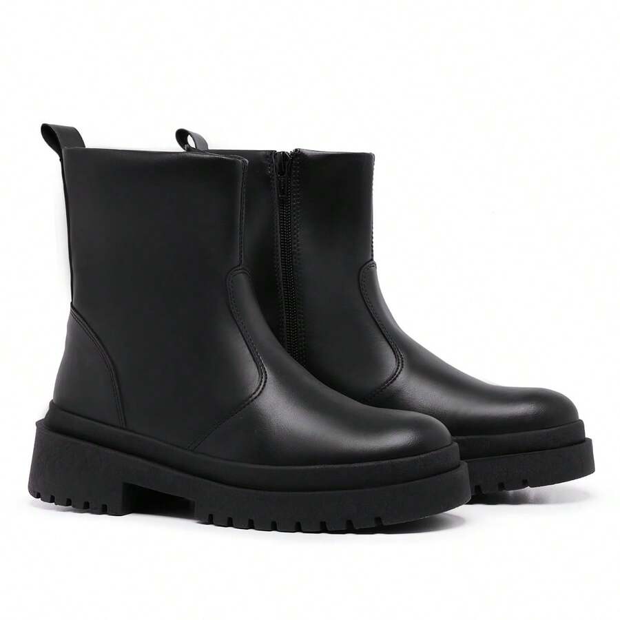 Women's Black Tractor-Shaped Zipper Ankle Boots Urban Style Casual Comfortable Platform - 黑色 - 查看 1