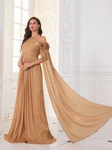 Rochie de seară maxi UNITHORSE pentru femei, cu umeri oblici, mâneci extra lungi, din imitație de lyocell, lucrată manual, cu flori tridimensionale, croială slim