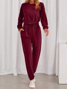 Women Fall 2 Piece Outfits Casual Long Sleeve Crop Top Drawstring Pant Jogger Suit Jumper Sportswear Sweatsuits Tracksuit Matching Set - 酒紅色 - 查看 1