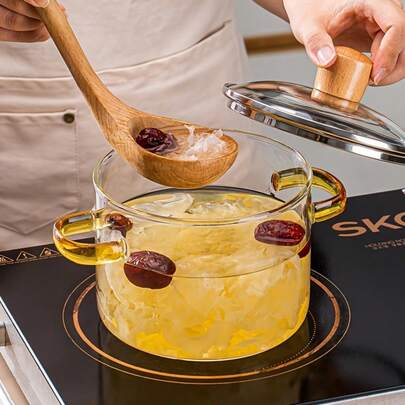 1600/2300ml Borosilicate Glass Soup Pot, Yellow Handle, Heat-Resistant Transparent, Suitable For Stove And Oven, Ideal For Home And Restaurant, Perfect For Simmering Soup, Boiling Milk, Cooking Noodles, Easy To Clean, Odorless, Essential Kitchen Item