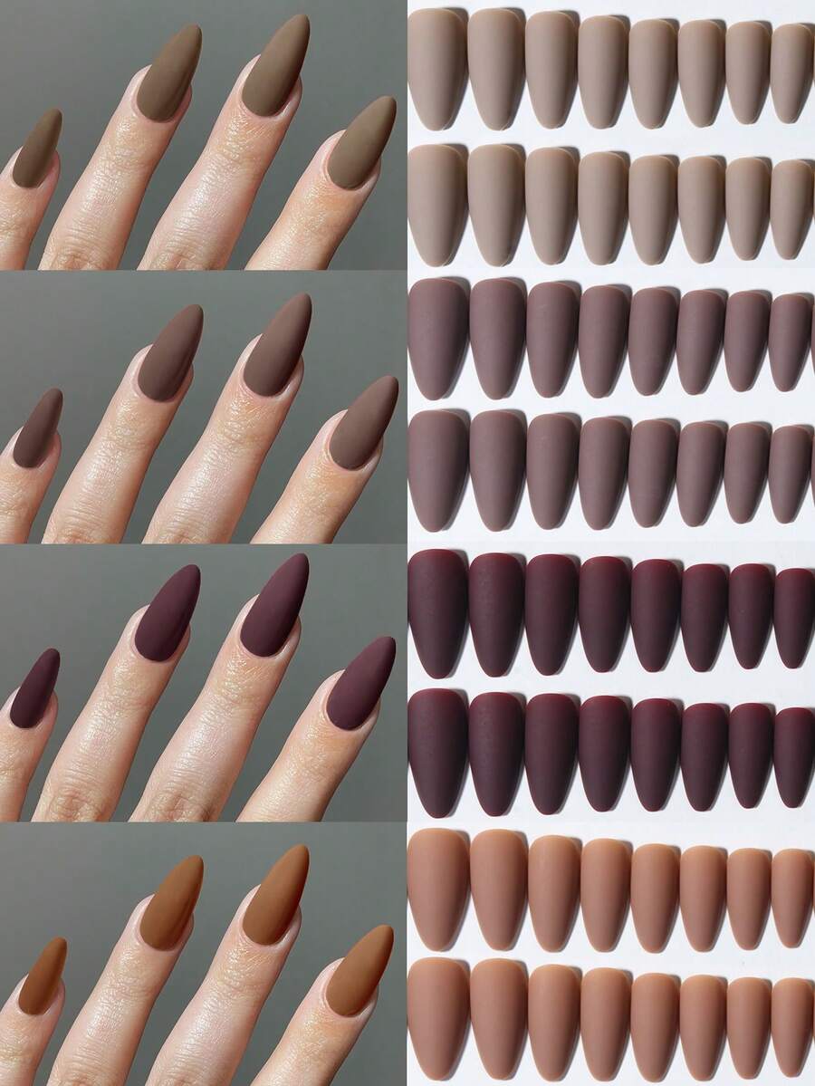 96片（4色）哑光杏仁形亚克力美甲贴纸，完美贴合，包含1瓶凝胶胶水和1把指甲锉，适合秋冬季节、日常佩戴和派对美甲。