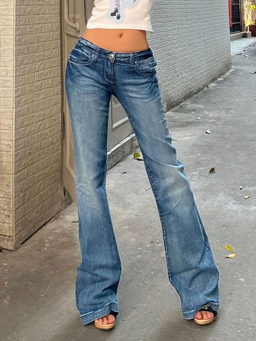 Valentine's Day Women's Flare Jeans Y2K 90s Bootcut Mid Rise Vintage Pants Denim Pants Bell Bottoms Spring Clothes - Rửa trung bình - Xem 1