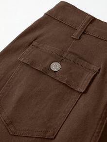 Celana Jeans Wanita Ukuran Besar Model Lurus dengan Kantong, Kasual Sehari-hari Serbaguna, Pinggang Sedang, Pinggang Elastis, Model Mom Jeans Musim Semi dan Gugur - Coffee Brown - View 7