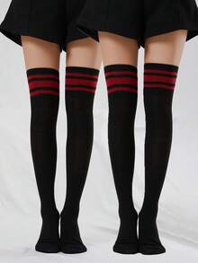 1双女士不对称三条纹过膝袜，适合日常穿着，舒适保暖 - 彩色 - 查看 5