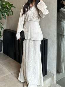 3pcs Women's Unique Collar Single-Breasted Solid Color Shirt Top, Casual Solid Color Button Skirt Set