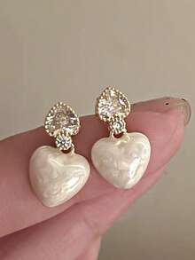 1 Pair Petite Elegant White Enamel Teardrop Glass Inlay Earrings, Chic For Daily Commute