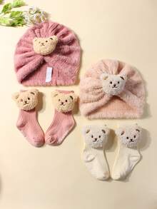 1pc Cute Bear Plush Baby Hat + 1 Pair Cute Anti-Slip Bear Leg Warmers Set, Suitable For Everyday Use - Multicolor - View 4