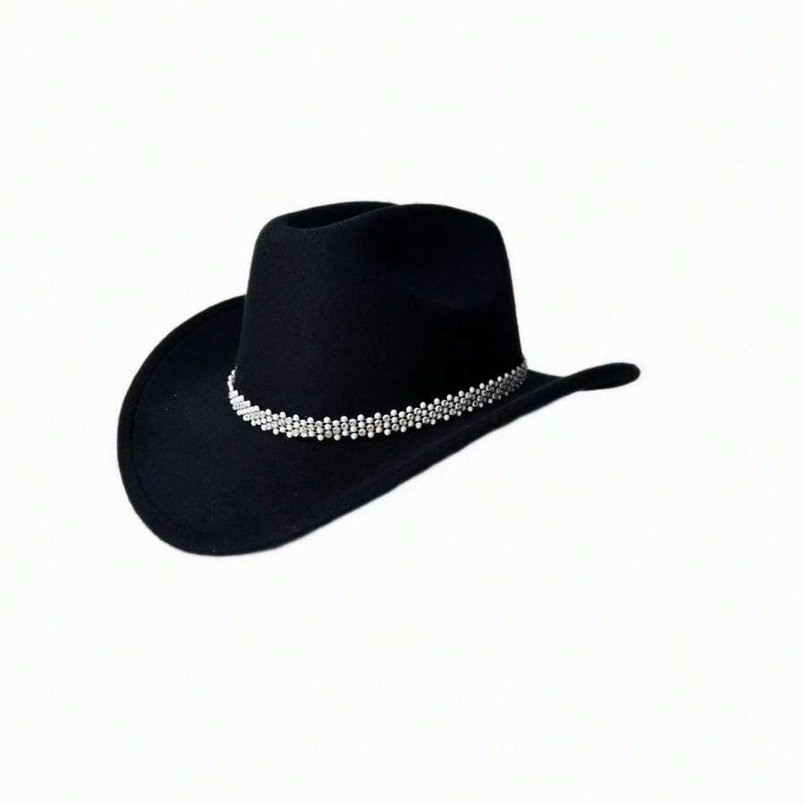 Pink Woolen Cowboy Hat With Rhinestones For Women, Fashionable Western Style Adjustable Cowgirl Hat, Perfect For Weddings And Vacations - màu đen - Xem 1