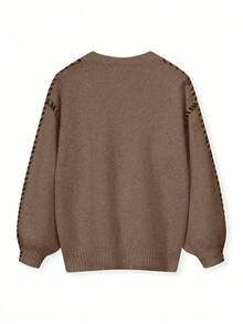 EAVA Autumn/Winter Solid-Color Soft Oversized Drop-Shoulder Crewneck Pullover With Hand-Stitched Hem,Valentine's Day,Valentine Outfits For Women,Valentine Clothes - Coffee Brown - View 3