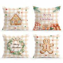 4pcs Gingerbread Man Pattern Beige Tone Cushion Cover Set, Single-Sided Printed - Multicolor - View 12