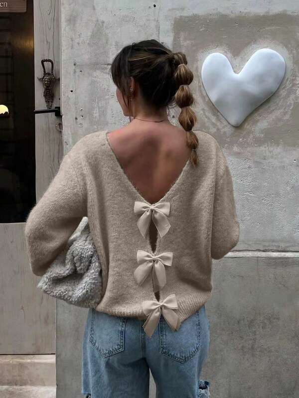 Pull tricoté pour femmes, nouveau modèle automne/hiver - Pull d'hiver de la Saint-Valentin automne/hiver - Design nœud papillon ajouré dans le dos, pull réversible à manches longues pour l'hiver