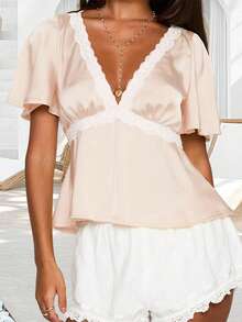 Women Lace Trim Tops  V Neck Split Short Sleeve Ruffle Shirts Casual Summer Streetwear - Rượu sâm banh - Xem 4