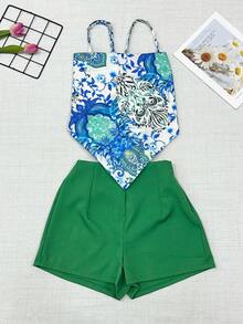 One Size Shirt Set With Tie At The Back And Print, Shorts With Zipper And No Pocket - màu xanh lá - Xem 1