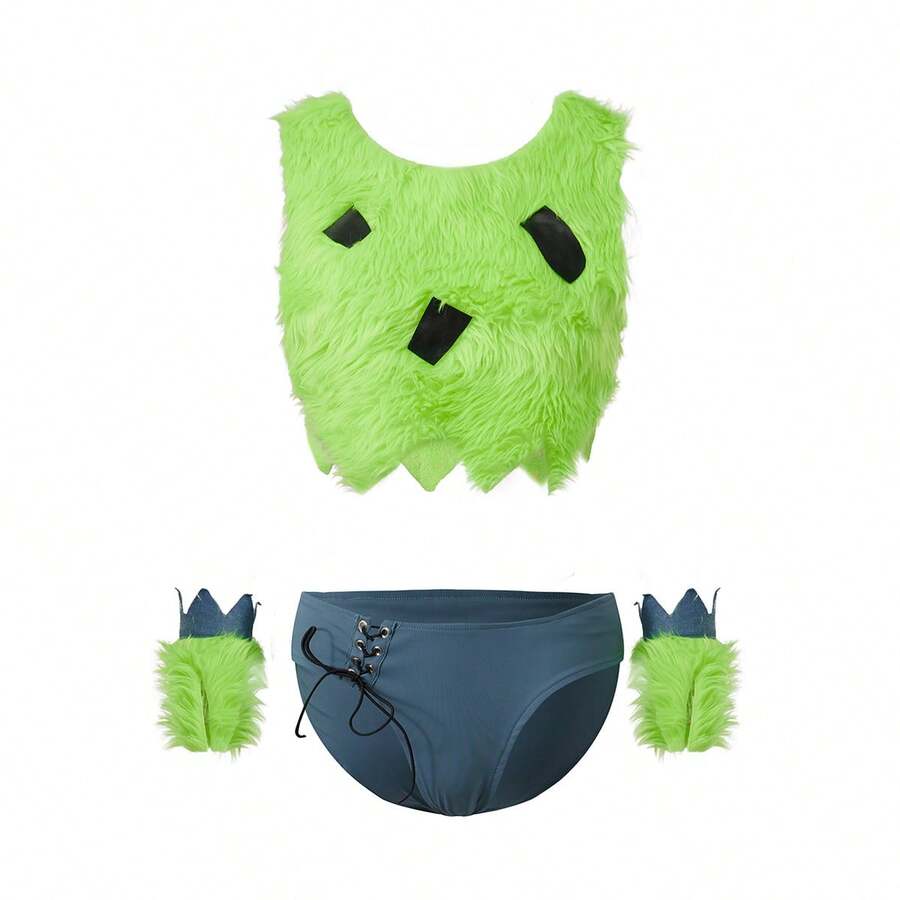 Women's Pebbles Costume Fashionable Furry Crop Tank Tops With Shorts And Wristbands Halloween Cosplay Outfits