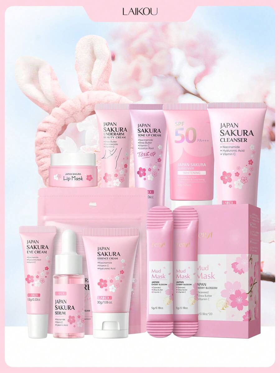 LAIKOU JAPAN 抗老櫻花護膚套組 (護唇膜 & 洗面乳 & 泥膜 & 提亮霜 & 腋下美白霜 & 防曬眼霜 & 精華霜 & 精華液) 緊緻肌膚護理禮盒 自我照護 SPA 柔滑面部護理套裝 - 9件組A - 查看 1