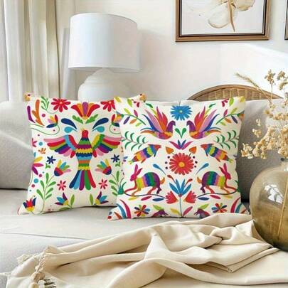 4 capas de almofadas decorativas com estampa floral mexicana de um lado - 45 x 45 cm, capas de almofada decorativas com estampa floral abstrata colorida, decoração de casa, adequadas para sofá, quarto, escritório, carro, casa de fazenda, laváveis à máquina com zíper (sem núcleo de almofada)