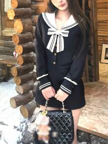 1 件海军蓝领子收腰长袖制服连衣裙，蝴蝶结装饰甜美性感迷你连衣裙，女子团体舞台表演和毕业服装 - 藏蓝色 - 查看 5