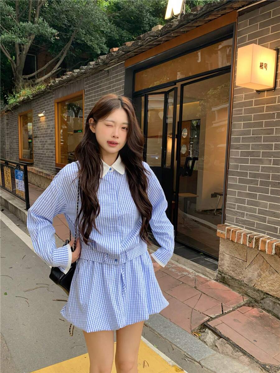 Korean Style Casual Blue Plaid Collared Long Sleeve Shirt + High Waist Ruffle Hem Skirt 2-Piece Set