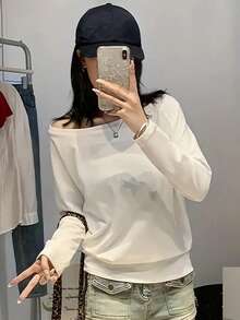 女士白色简约百搭纯色斜肩露肩浪漫海滩街头 Y2K 别致 T 恤 - 白色 - 查看 2