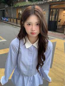 Korean Style Casual Blue Plaid Collared Long Sleeve Shirt + High Waist Ruffle Hem Skirt 2-Piece Set