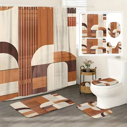 Bohemian Geometric Shower Curtain Set: Brown, White, Beige Polyester Shower Curtain With Bath Mat, Toilet Lid Cover - Machine Washable, Waterproof, SeasonalChristmas Decor