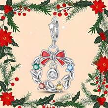 1 Pc Sterling Silver S925 Christmas Element Pendant, Colorful Christmas Wreath Pendant, DIY Christmas Necklace Bracelet, Christmas Gift