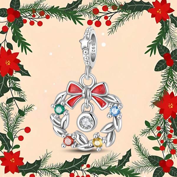 1 Pc Sterling Silver S925 Christmas Element Pendant, Colorful Christmas Wreath Pendant, DIY Christmas Necklace Bracelet, Christmas Gift