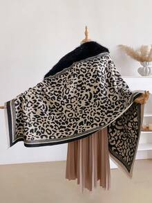 1条复古豹纹和千鸟格提花围巾，带蓬松领子，秋冬季女士保暖装饰围巾披肩斗篷，附赠珍珠胸针，时尚配饰，女士完美礼物，适合日常穿着。 - 黑色 - 查看 2