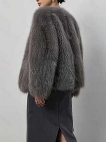 女式优雅人造毛皮衬里长袖夹克外套，纯色柔软羊毛人造毛皮拼接，学院风，秋冬 - 灰 - 查看 6