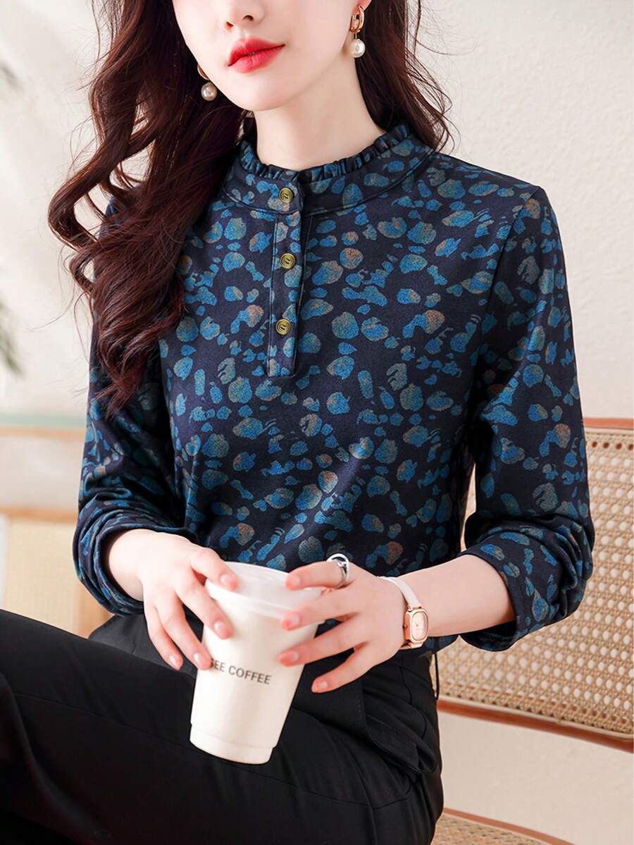 Fashionable All-Over Print Comfortable Long Sleeve Button-Up T-Shirt, Autumn - Royal Blue - View 1