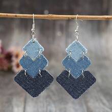 Diamond Gradient Color Matching Denim Style Geometric Splicing Multi-Layer PU Leather Personality Niche Temperament Ladies Earrings - Màu xanh lam - Xem 5